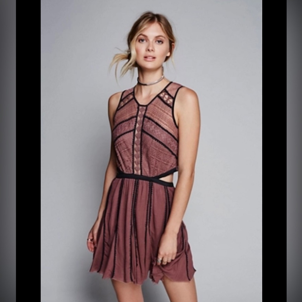 Free People one Byzantina Solid Lace Mini burgundy black lace open back S boho